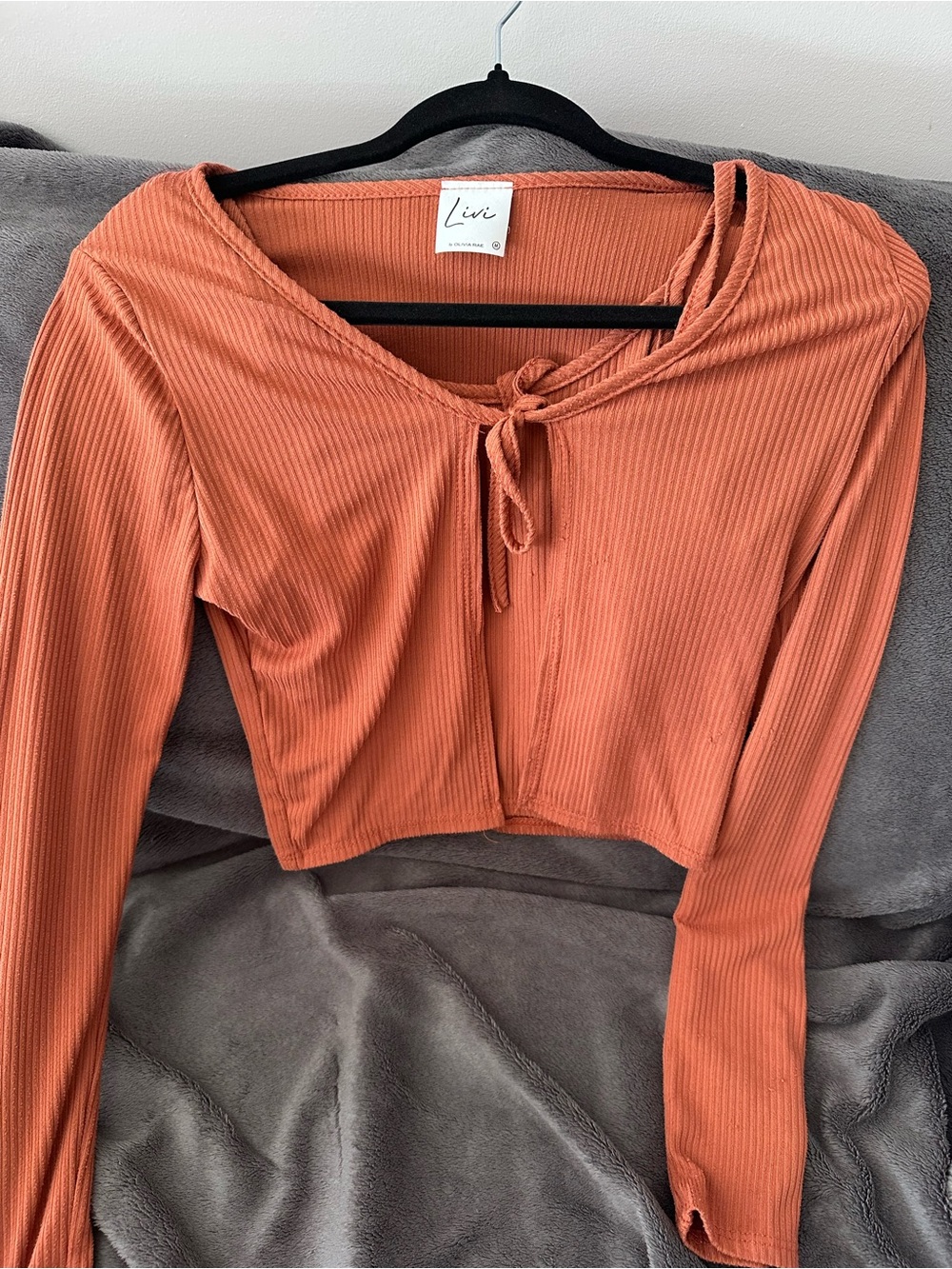 Rust Ribbed Tie-Front Long Sleeve Crop Top